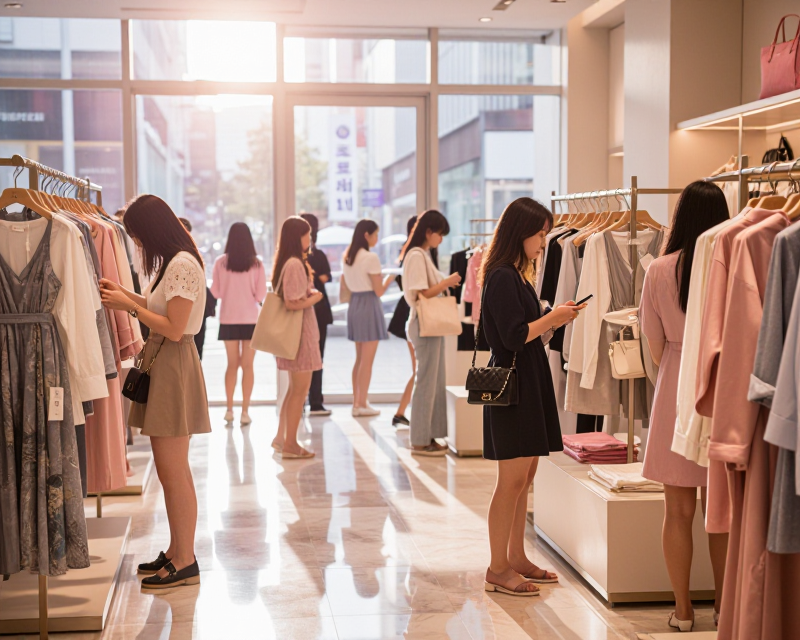 Global shoppers in a Korean department store