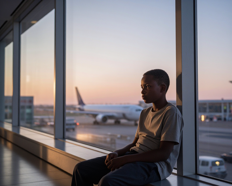 A contemplative child at the airport window
