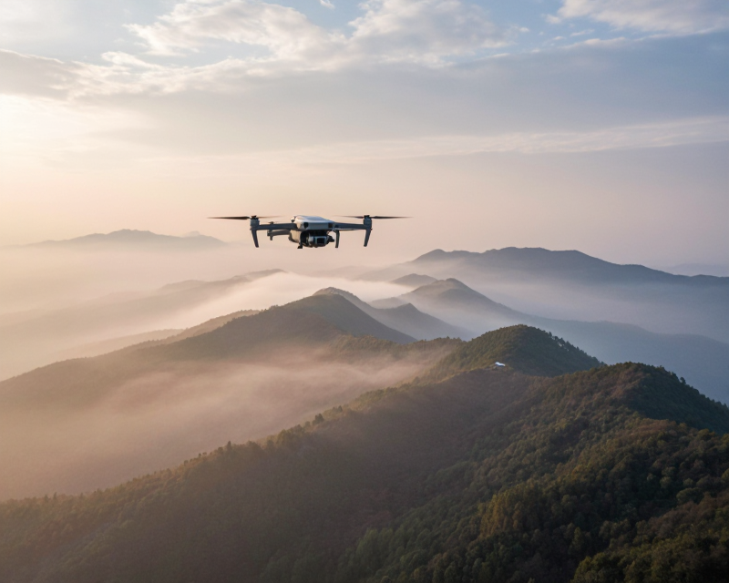 A drone in a misty landscape