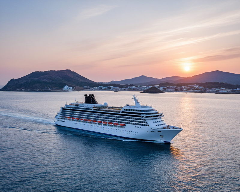A majestic cruise ship arriving at a Korean port